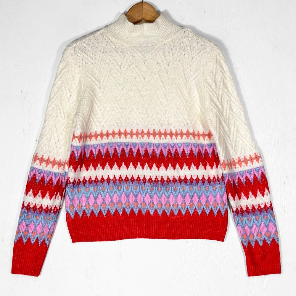 Fair Isle Mock Neck Glitter Cable Knit Sweater Womens S Lightweight St Johns Bay